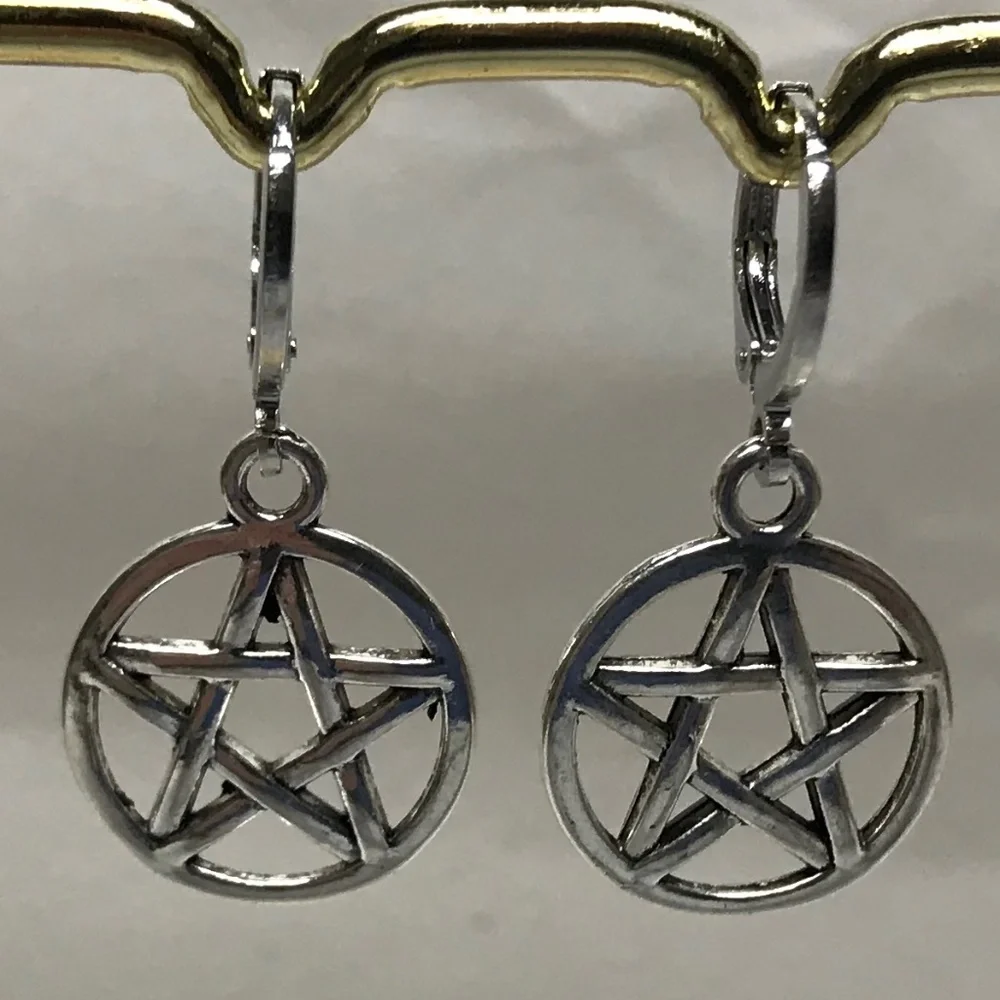 Gothic Pagan Silver Pentagram Pentacle Handmade Hoop Earrings, Encircled Stars - Picture 7 of 12